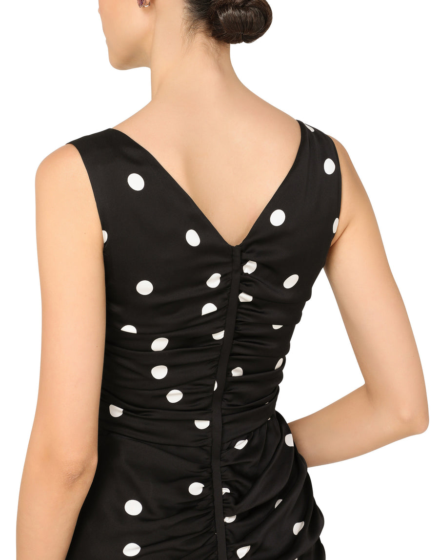 Calf-length draped dress in polka-dot print charmeuse