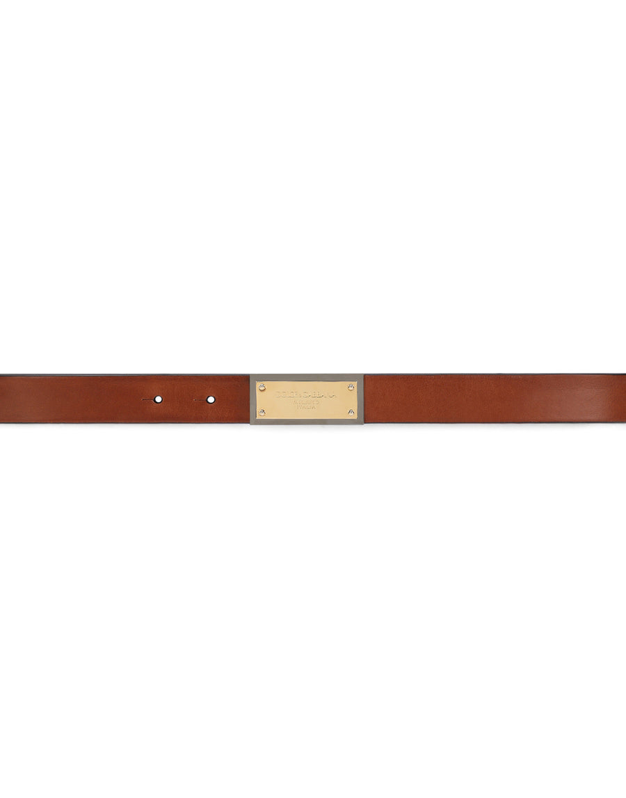 Calfskin belt with branded buckle with two plated finishes