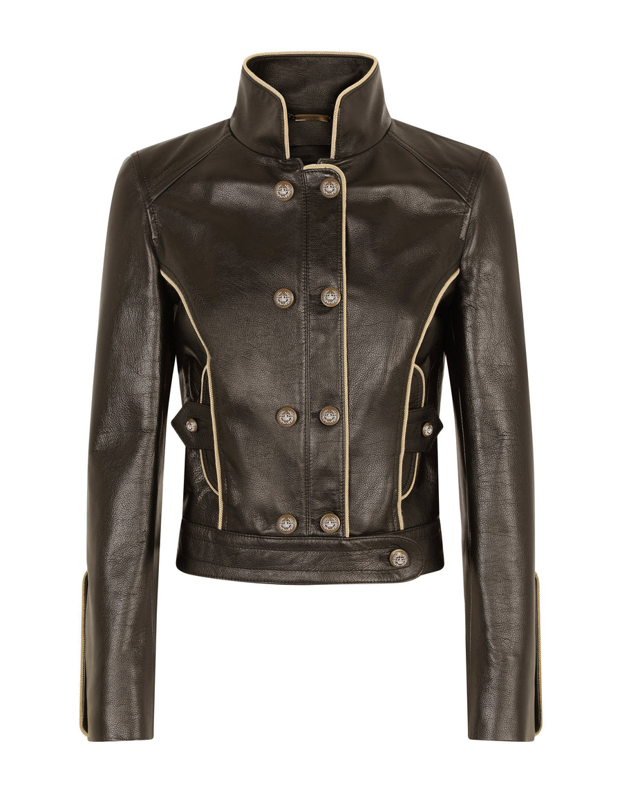 Leather biker jacket with heraldic buttons