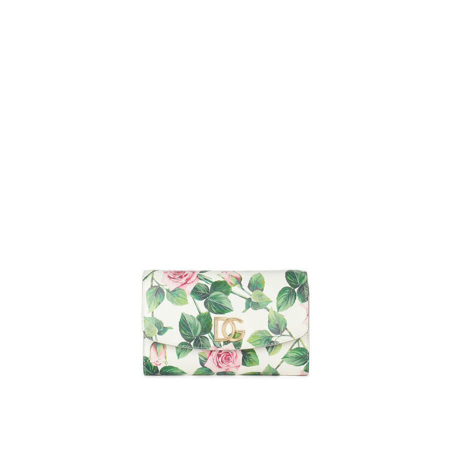 Mini leather bag with roses print and shoulder strap