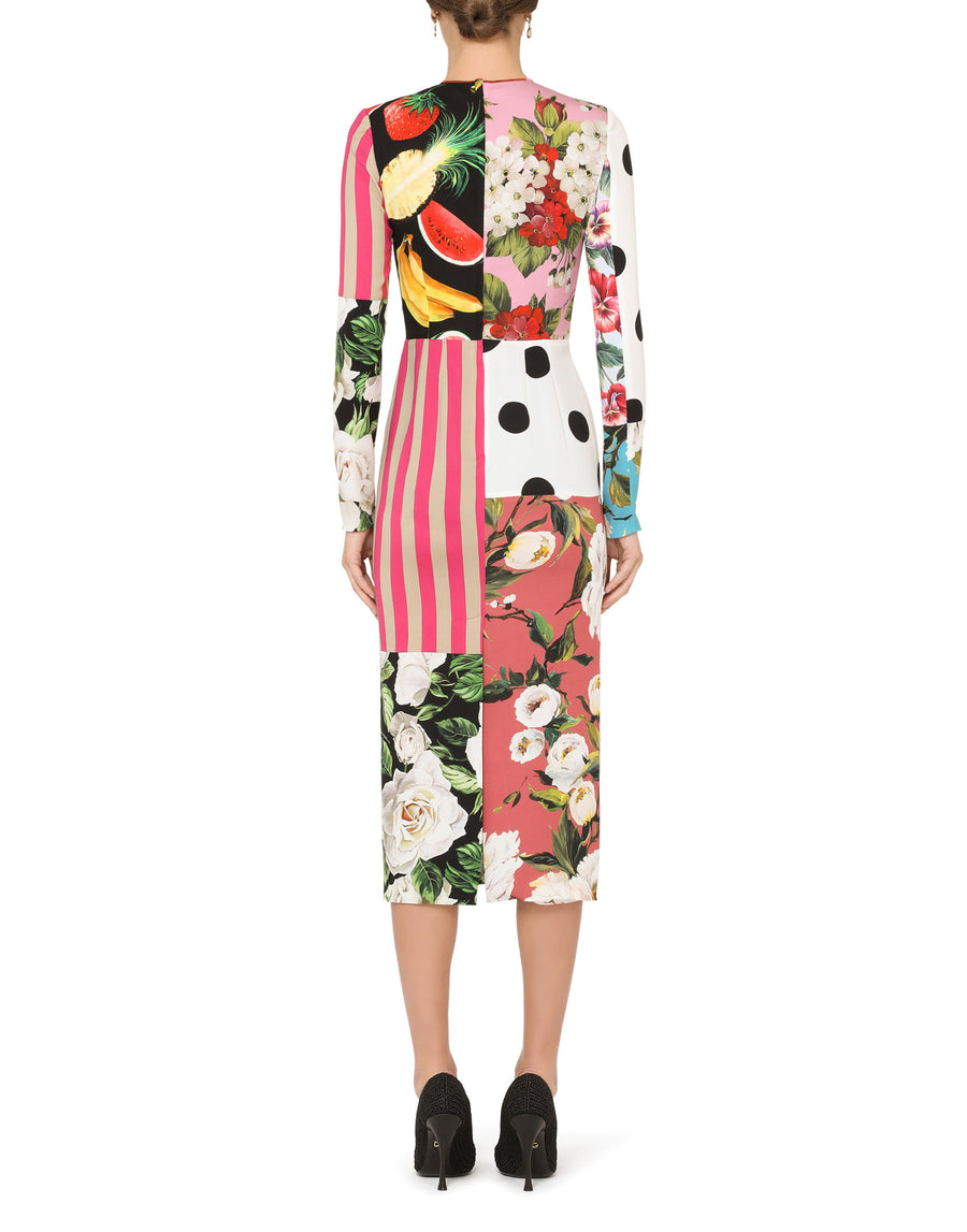 Calf-length patchwork-print charmeuse dress