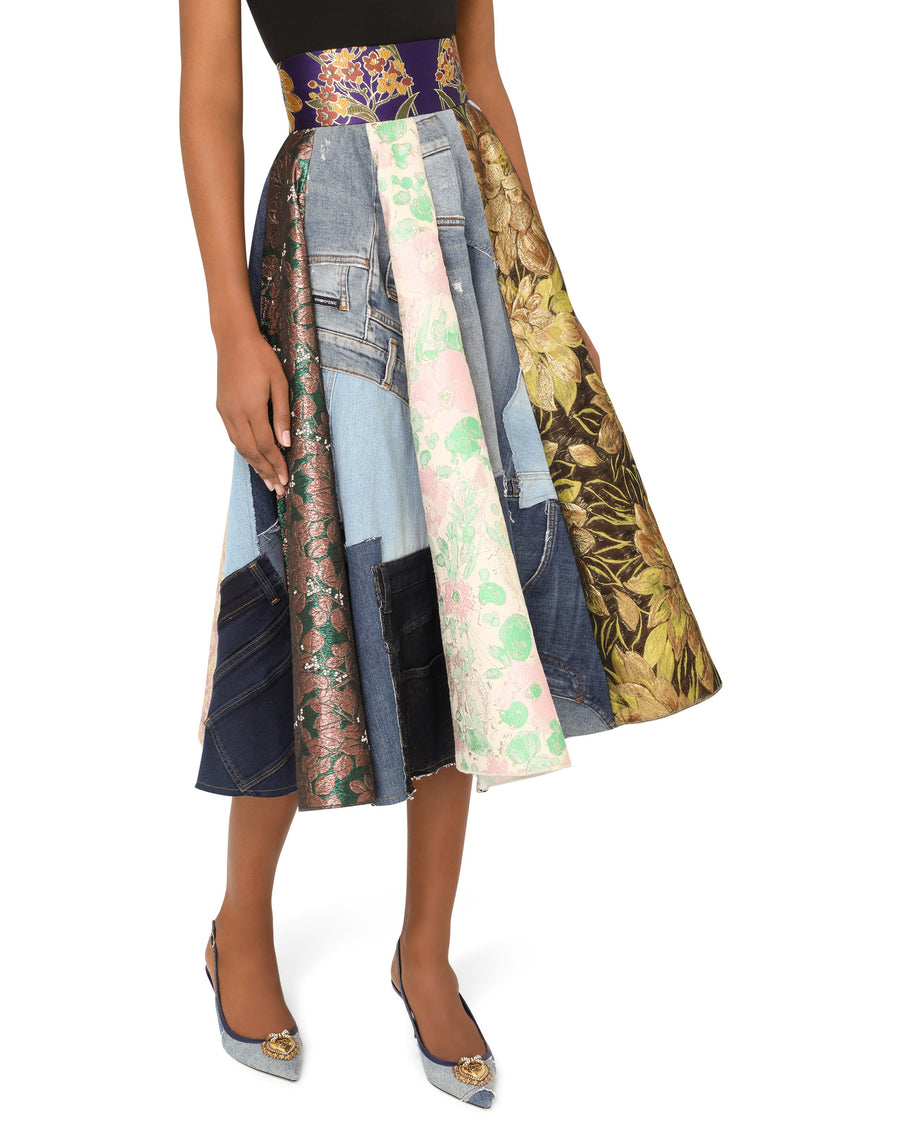 Patchwork denim and jacquard midi skirt