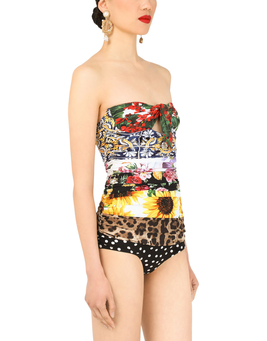 Mixed patchwork-print one-piece swimsuit with draping