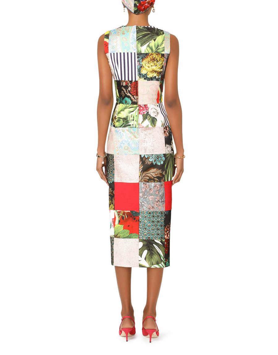 Calf-length patchwork jacquard dress with slit