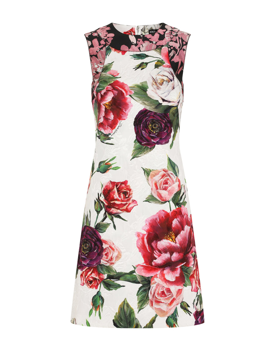 Dolce & Gabbana Sleeveless Dress In Brocade Fabric With Peonies Print