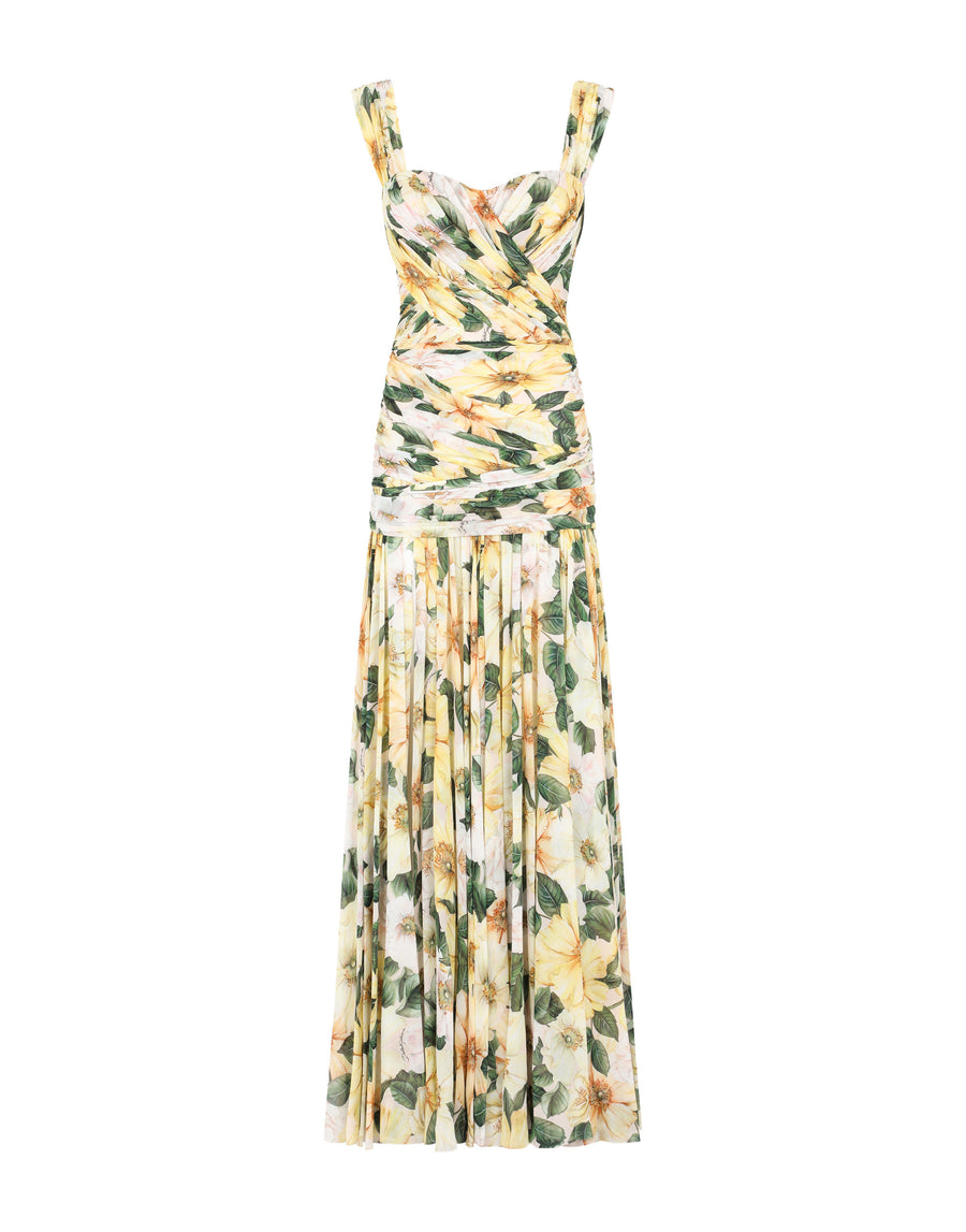 Long camellia-print georgette dress with draping