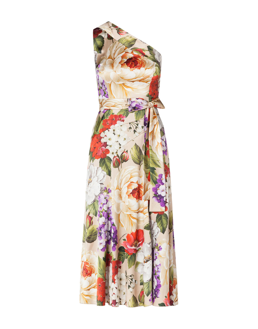 One-shoulder floral dress with belt