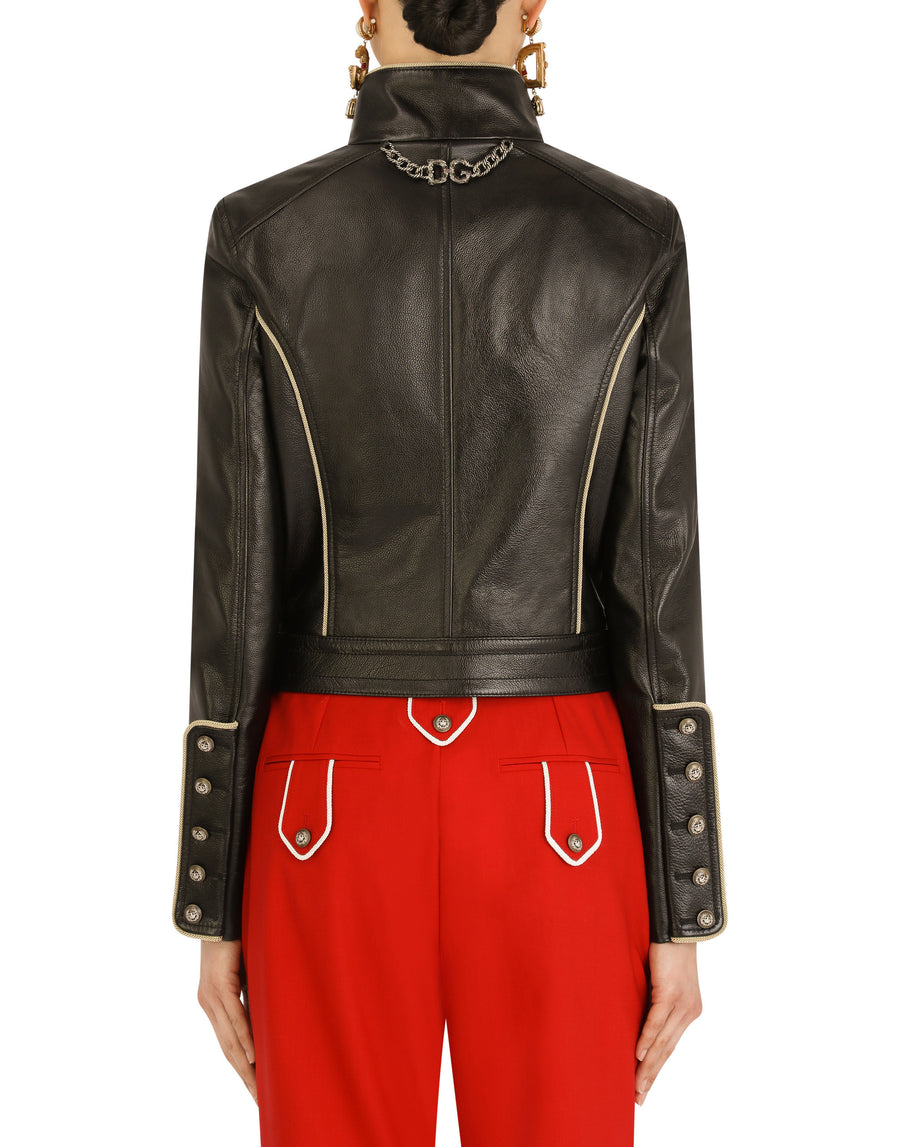 Leather biker jacket with heraldic buttons