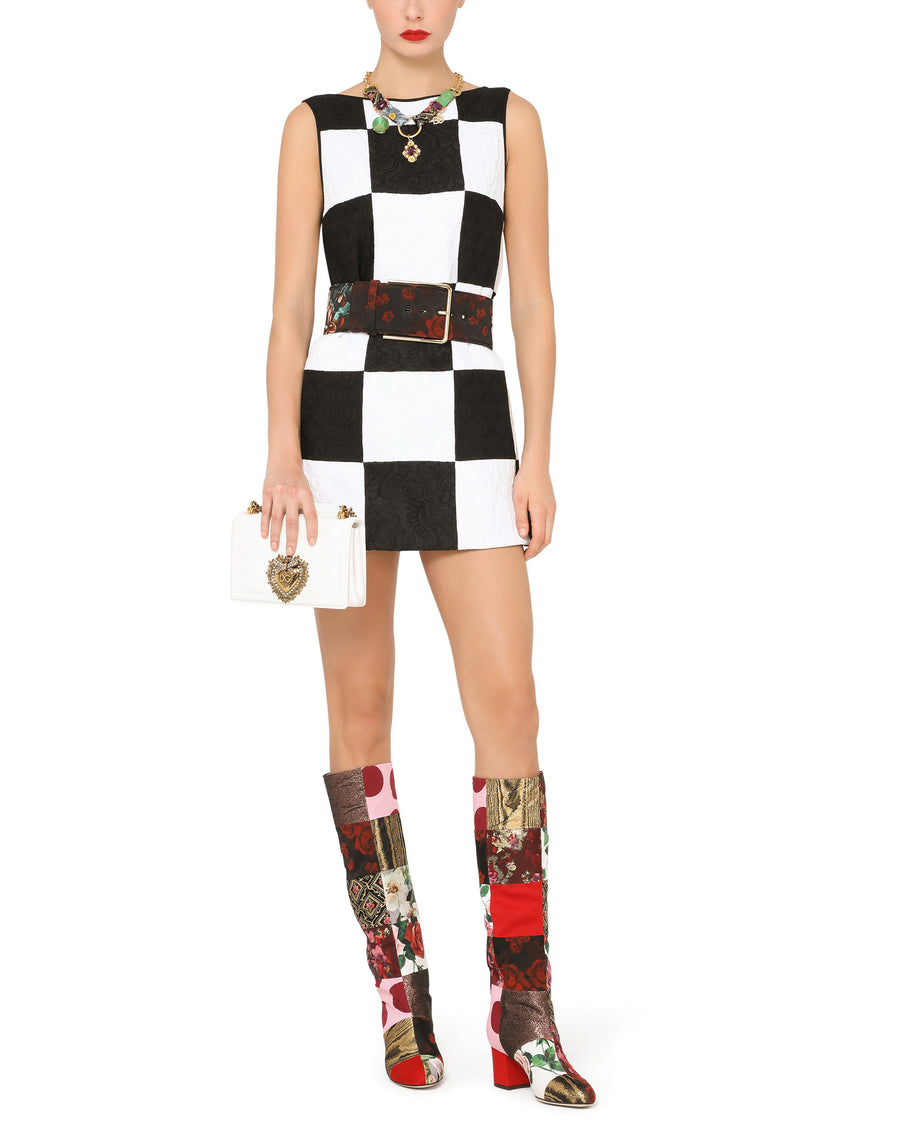 Sleeveless damier dress in patchwork jacquard