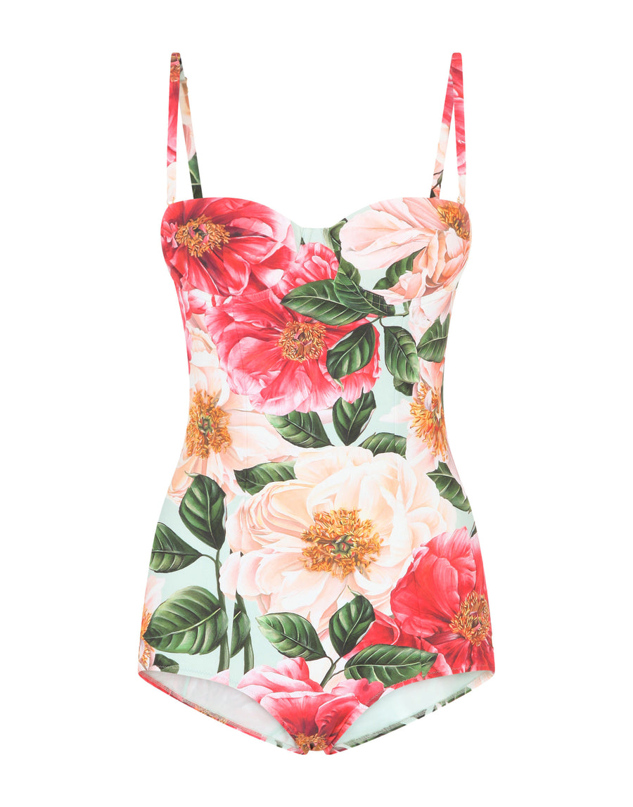 Camellia-print balconette one-piece swimsuit