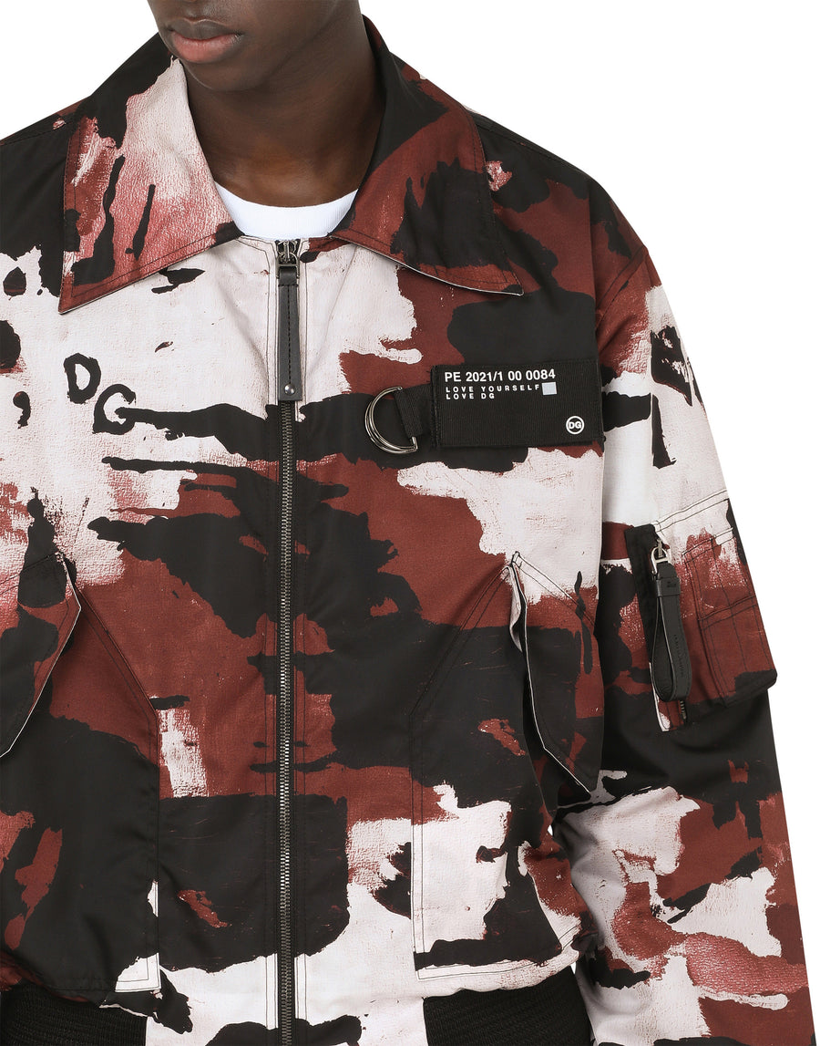 Camouflage-print nylon jacket with multiple logos