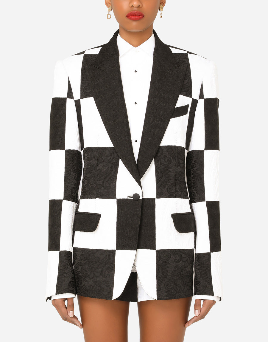 Masculine damier patchwork jacquard blazer