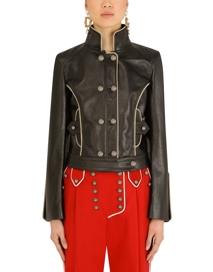 Leather biker jacket with heraldic buttons