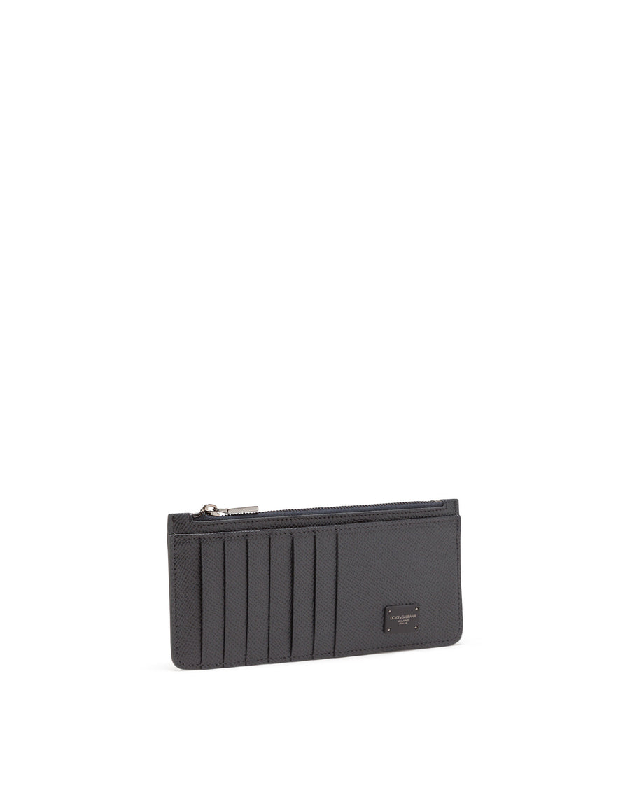 Vertical Dauphine calfskin card holder with branded plate