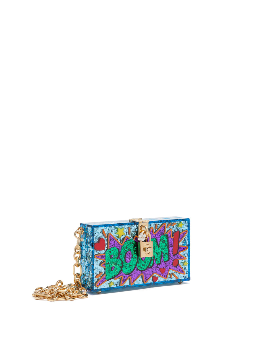 Plexiglass Dolce Box clutch with glitter inlay