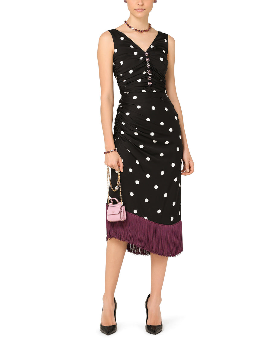 Calf-length draped dress in polka-dot print charmeuse