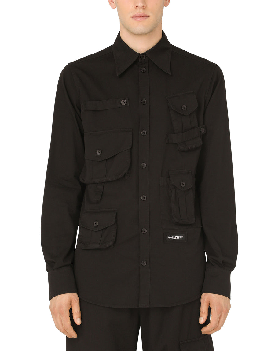 Cotton multi-pocket shirt with patch