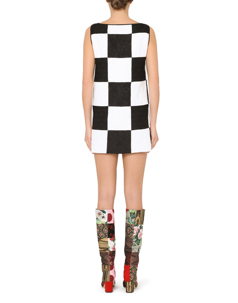 Sleeveless damier dress in patchwork jacquard